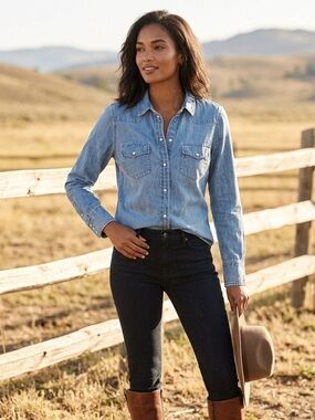 J Crew Denim Shirt Women's 12 Blue Chambray Western Pearl Snap Button Distressed